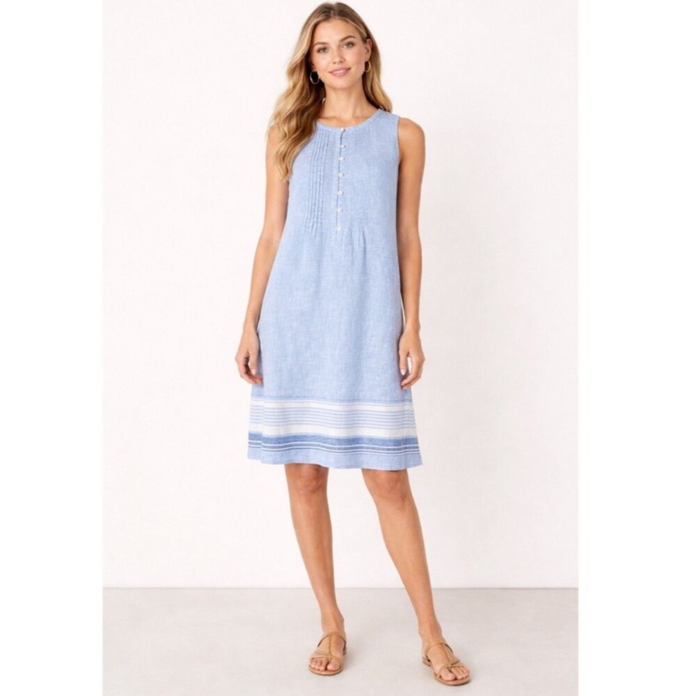 Talbots Petite  Dress Blue Linen Striped Hem Pintuck Sleeveless Shift 4P